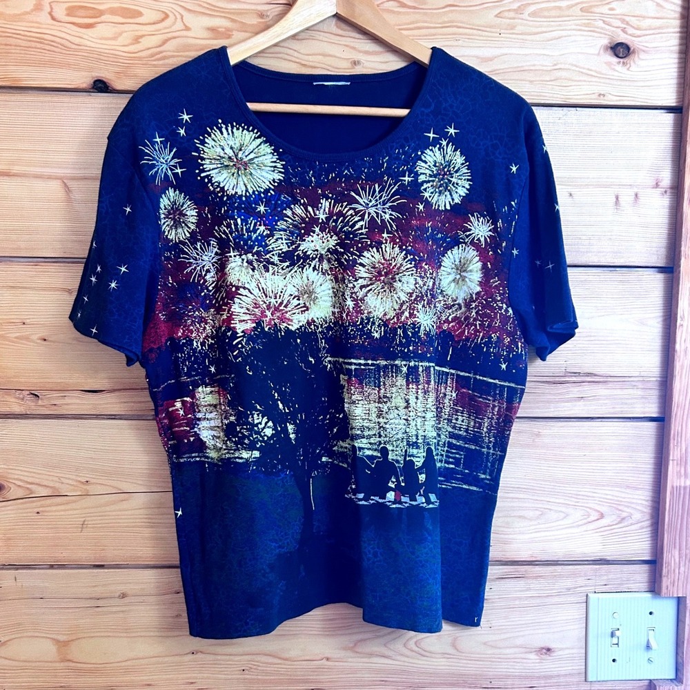Black Fireworks Graphic T-Shirt Rhinestones Stars Print Size XL Designer Detroit